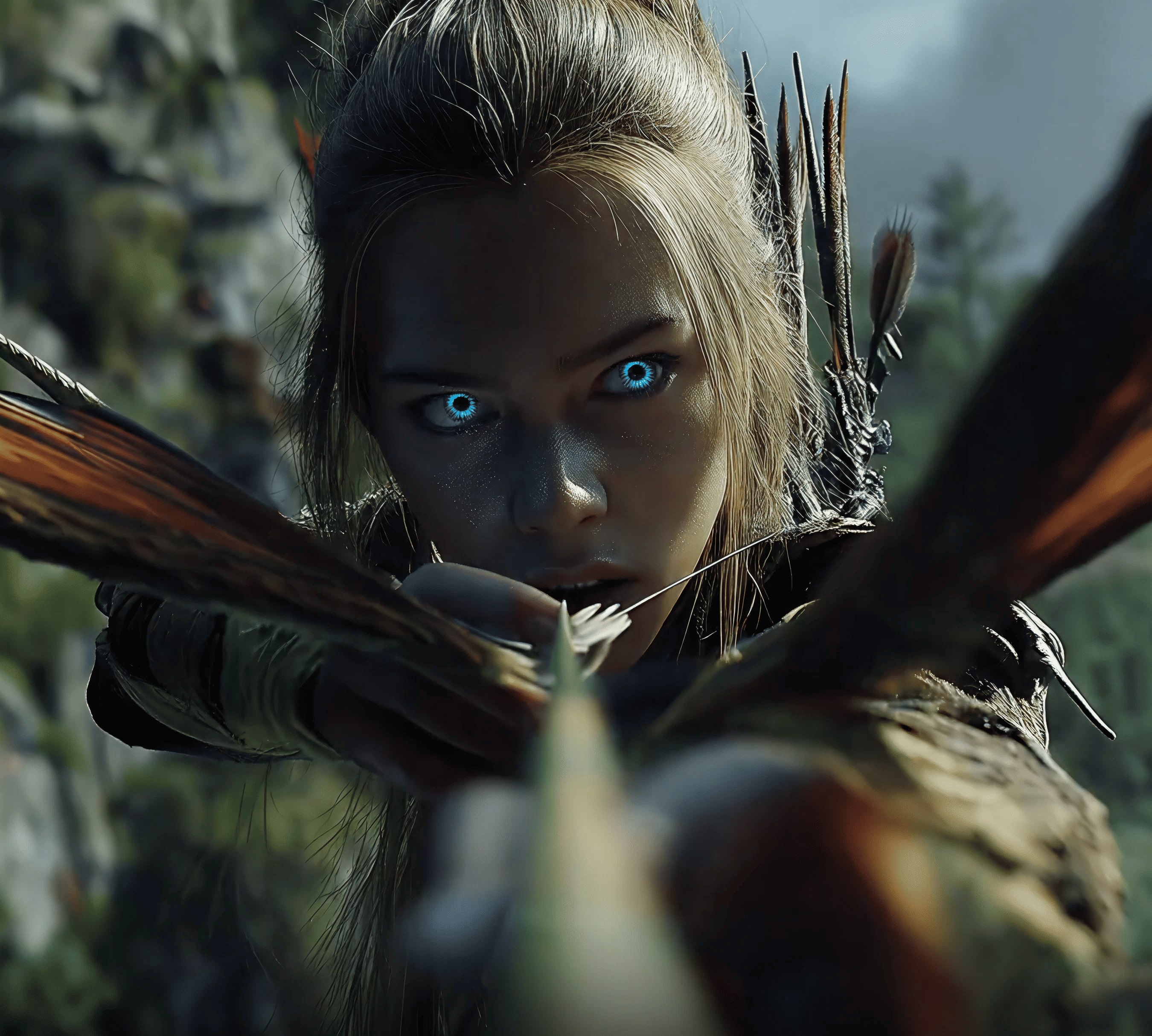 Fantasy female archer with glowing blue eyes aiming an arrow in a forest setting