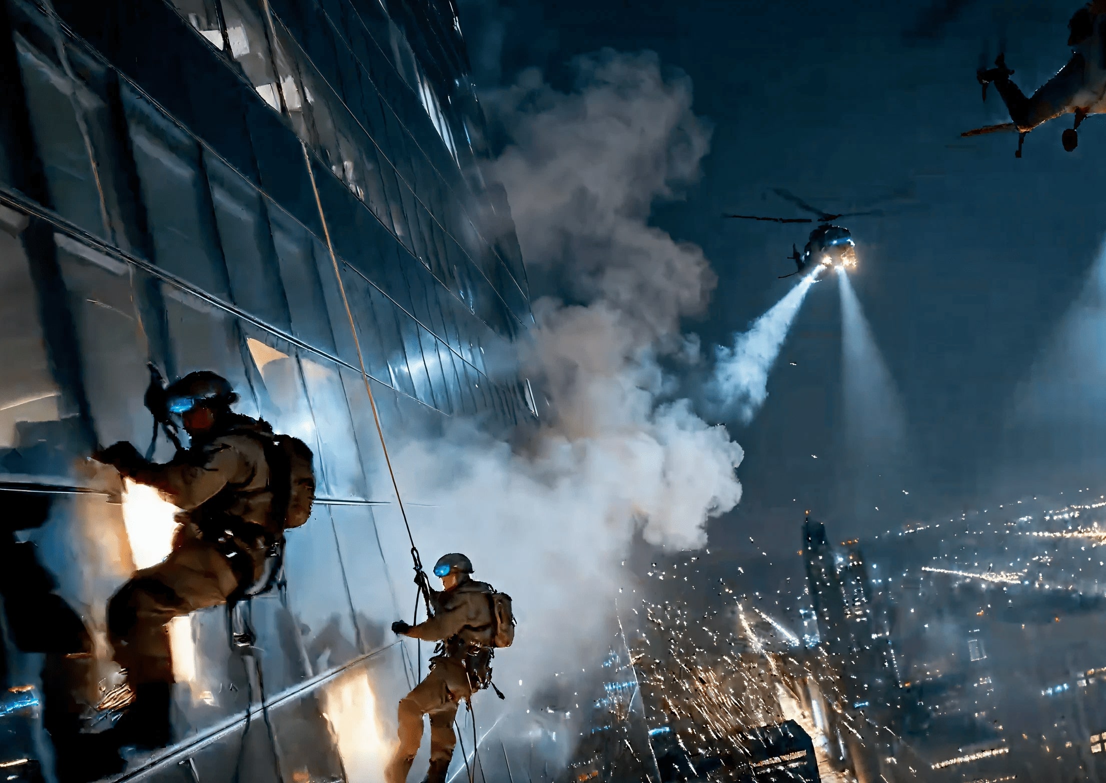 Special forces soldiers rappelling down a skyscraper at night with helicopters, smoke, and sparks in the background