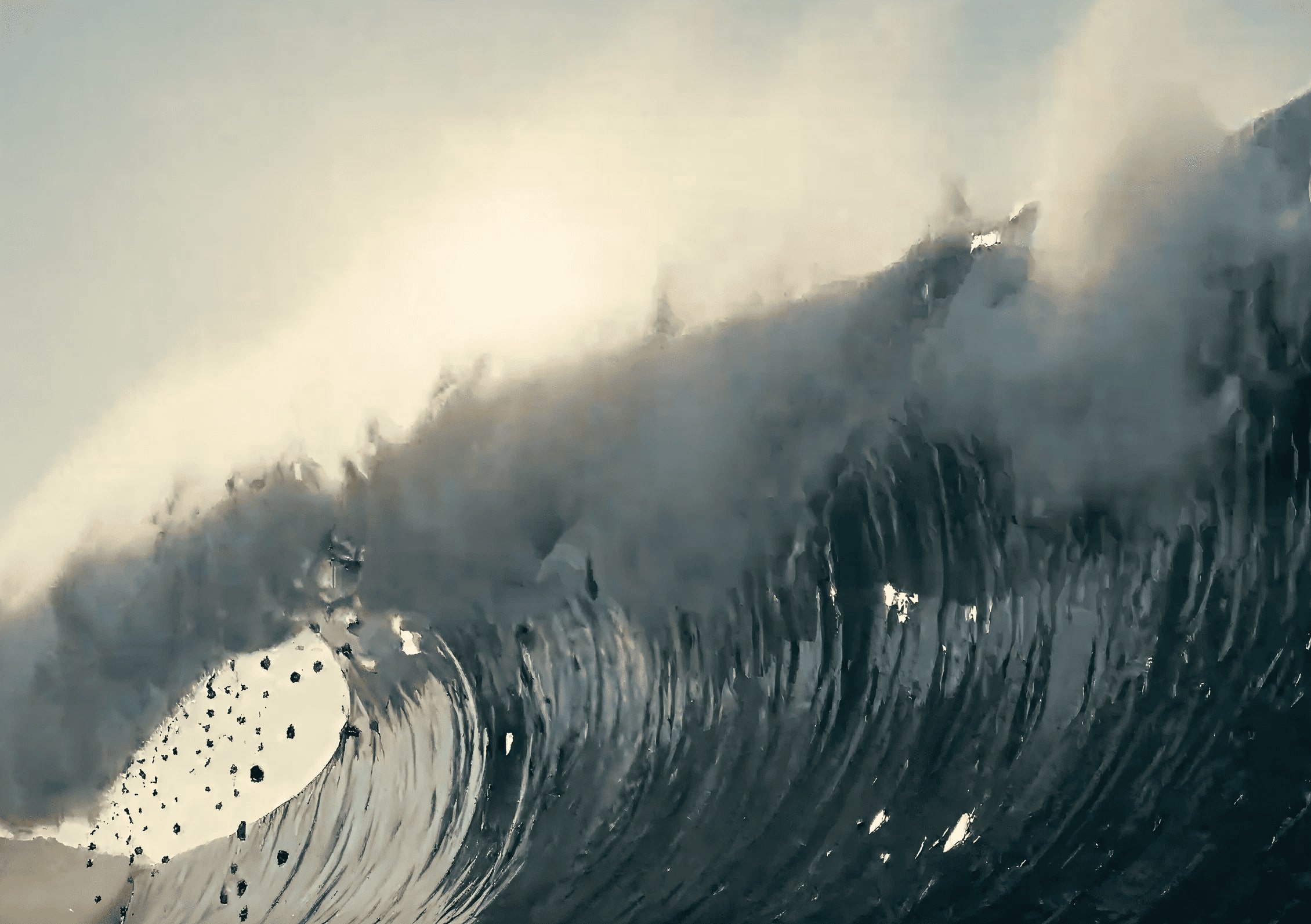 Massive ocean wave crashing with sunlight shining through mist and water spray