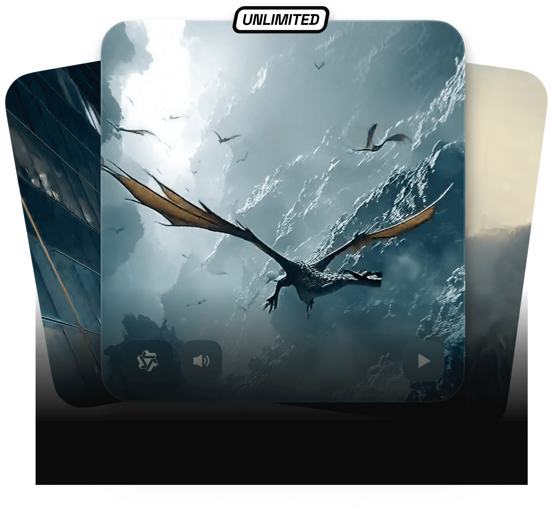 Fantasy-style artwork of a dragon flying over stormy mountains with other dragons in the sky, showcased in an unlimited media collection viewer