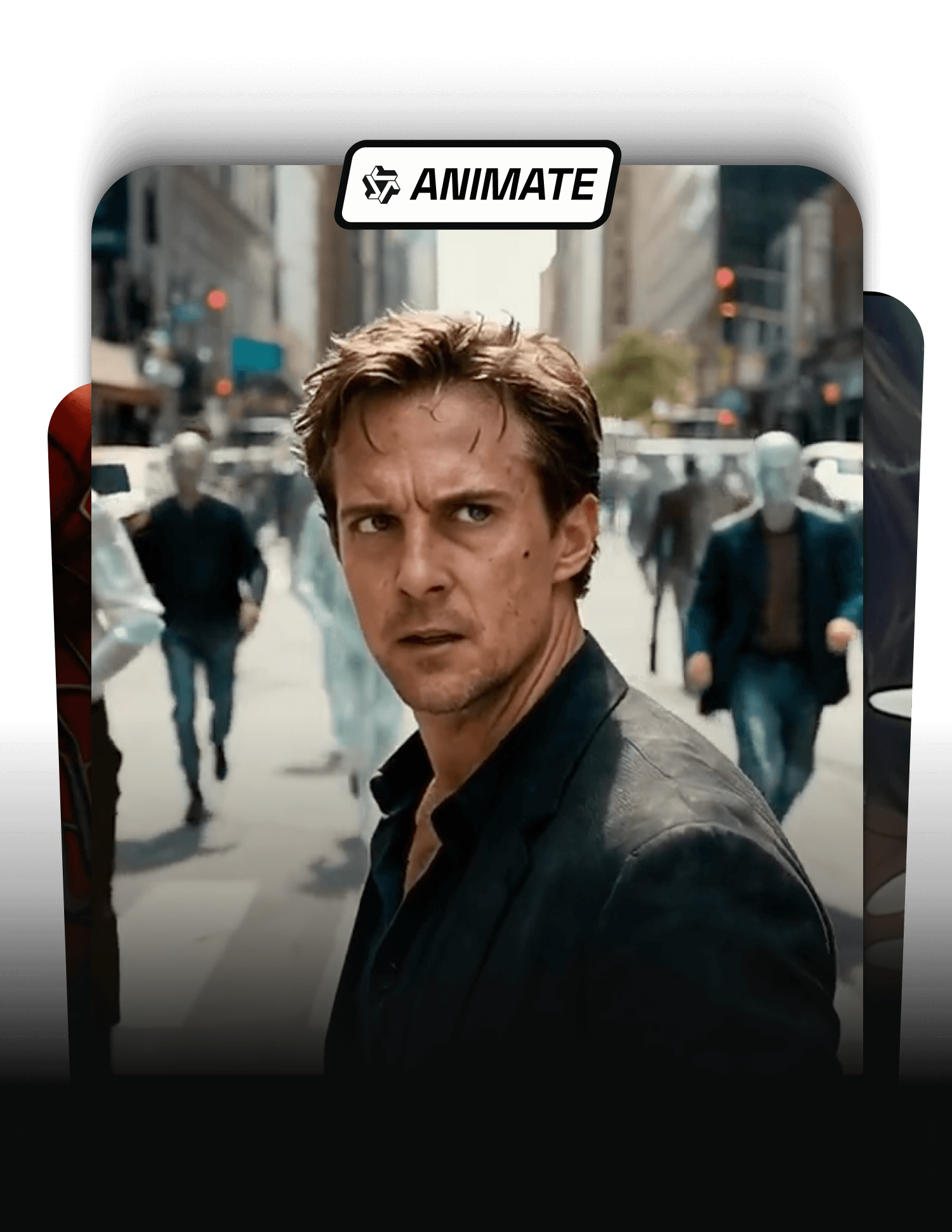 AI-generated cinematic scene created with Wan 2.2, showing a man standing in a city street surrounded by humanoid figures, demonstrating realistic video generation.