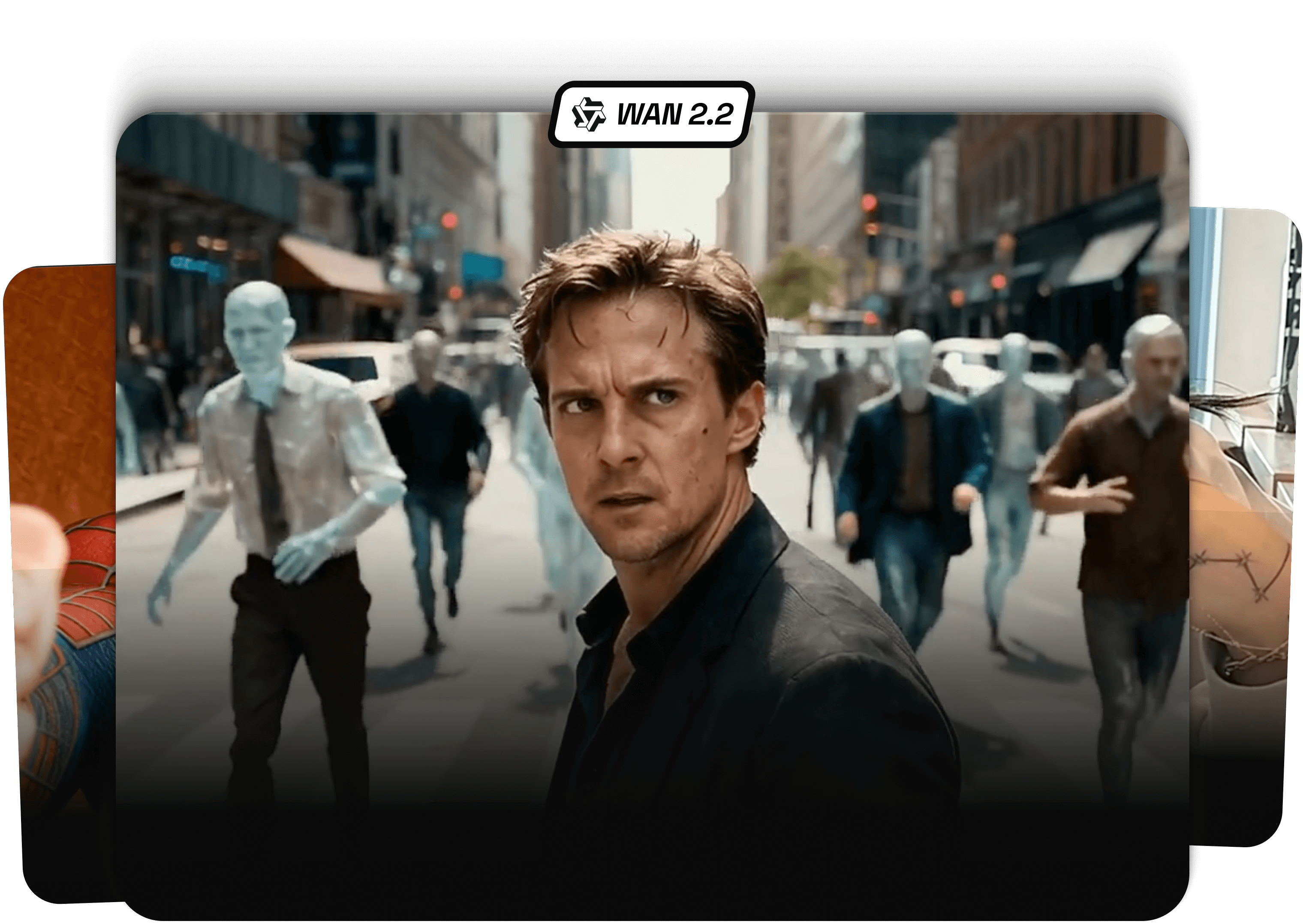 AI-generated cinematic scene created with Wan 2.2, showing a man standing in a city street surrounded by humanoid figures, demonstrating realistic video generation.