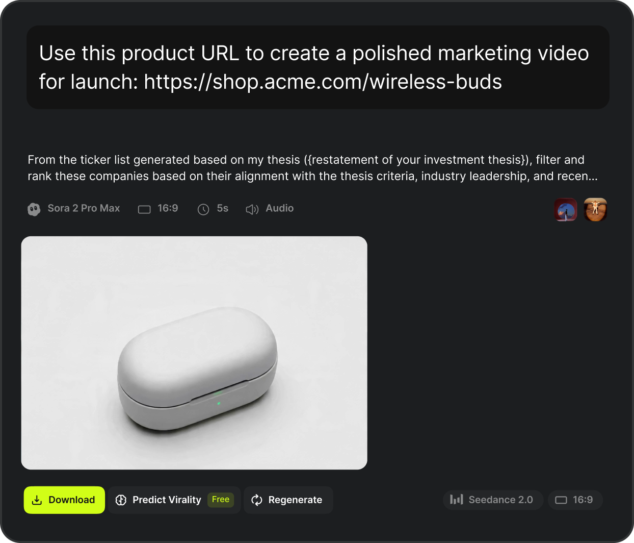 Marketing video generator preview